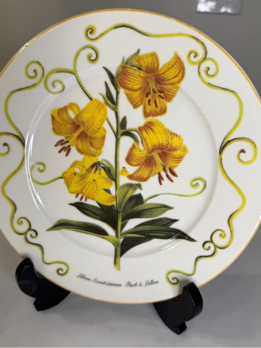 VTG Email de Limoges I. Godinger Yellow Lily Ceramic accent Plate